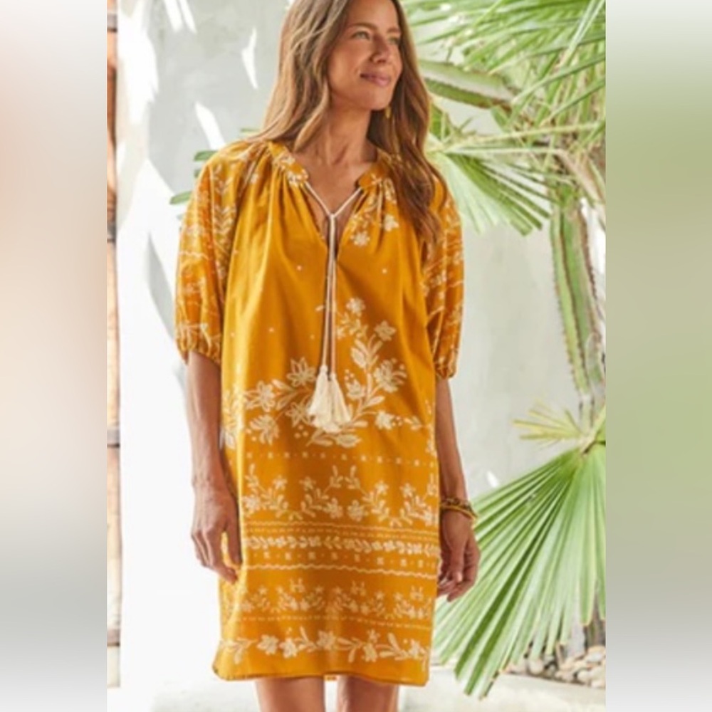 Karen Kane Yellow Puff Sleeve Tassel Floral Boho Shift Dress Lined Size Small‎